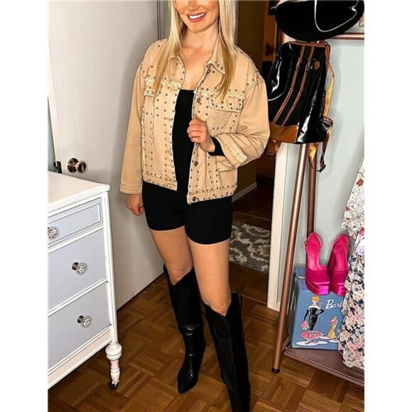 Khaki Tan Denim Studded Jacket Distressed Western Embellished Jean Trucker Jacke - Picture 7 of 9
